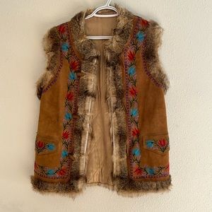 Coyote fur and hand embroidered leather suede vest